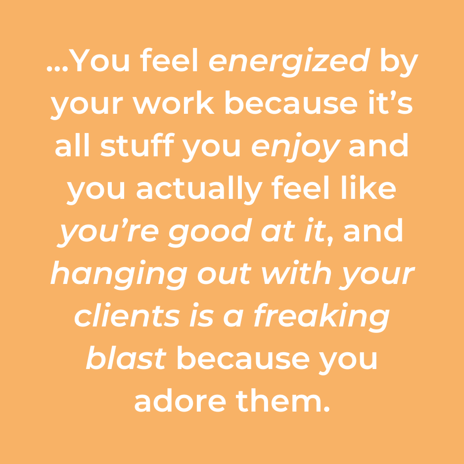 …You feel energized by your work because it’s all stuff you enjoy and you actually feel like you’re good at it, and hanging out with your clients is a freaking blast because you adore them.